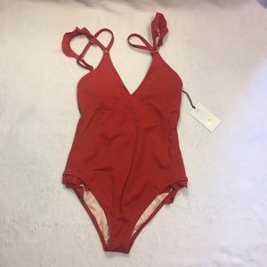 Shade & Shore One Piece Swimsuit‎ Women XS Red NEW Ruffle V-Neck  Straps